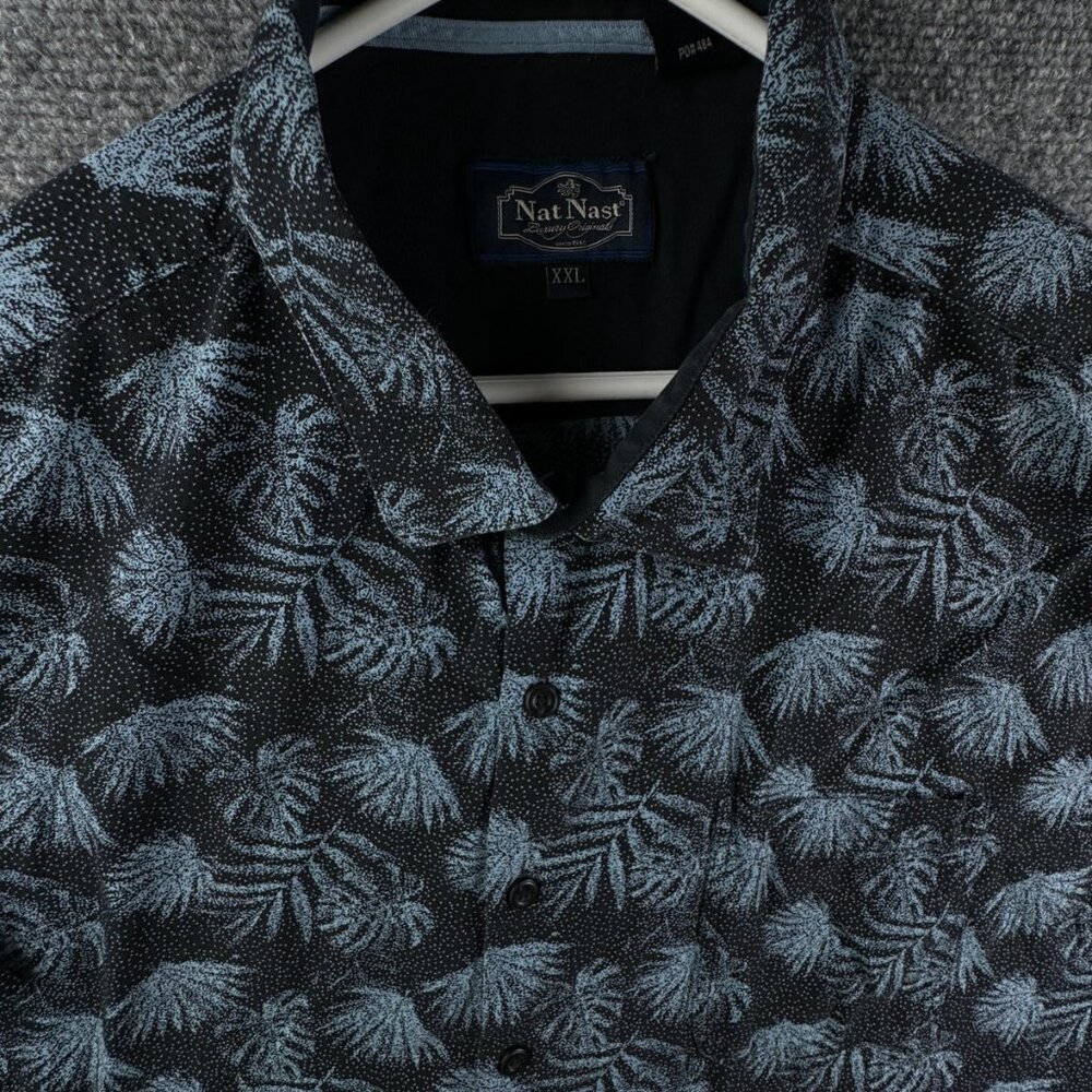 Nat Nast Men Short Sleeve Button Up Shirt Hawaiian Size 2XL Blue Black Floral